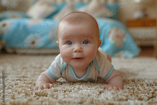 Cute little baby boy crawling on carpet at home, Happy childhood