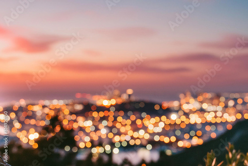 The lights of the night city. Blurred background. Lanterns on the street. big city lights in the twilight evening with blurring. Colorful circles of light abstract. circular bokeh on blue horizon.