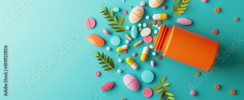 Energetic Supplement Pills and Colorful Leaves Display