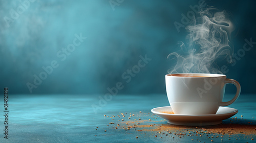 A white cup of hot coffee with smoke
