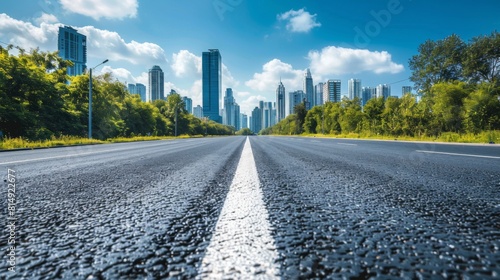 A clear view down a smooth highway leading towards a modern city skyline under bright blue skies, capturing the essence of urban progress and connectivity.