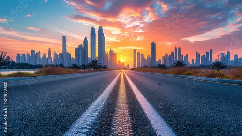 A clear view down a smooth highway leading towards a modern city skyline under bright blue skies, capturing the essence of urban progress and connectivity.