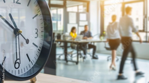 A clock displays the time with motion-blurred individuals bustling in the office background, suggesting a hectic workday atmosphere.