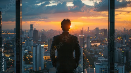 Back view of successful manager looking the city from his office. Generative AI