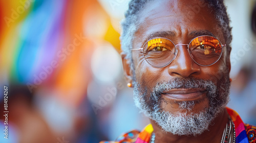  Stylish mature man celebrating pride parade with rainbow flag at city street. 