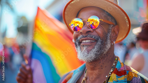  Stylish mature man celebrating pride parade with rainbow flag at city street. 