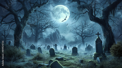 A moonlit graveyard with gnarled trees casting ominous shadows, tombstones adorned with moss and cobwebs, setting the stage for restless spirits on a horror night.
