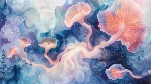 A painting featuring pink and blue mushrooms set against a blue background in a watercolor style