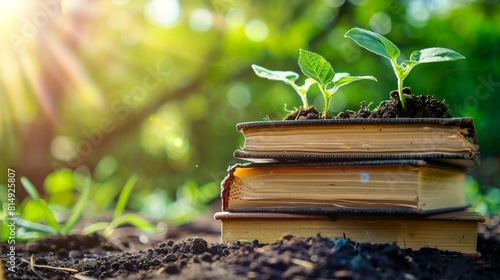 Growing Knowledge: Show a stack of books with seedlings sprouting from the top book, symbolizing the growth of knowledge and ideas. Generative AI