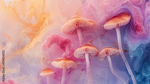 Various vibrant mushrooms are scattered on a multicolored background, creating a vivid and striking scene