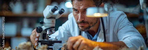 male archeologist analyzing pottery shards under a microscope in a laboratory