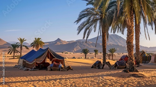 Desert oasis with palm trees and camels