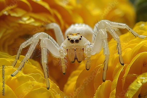 Jumping spider on yellow rose petals background macro close up
