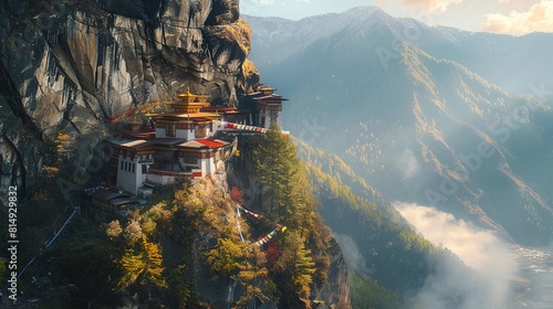 Remote mountain monastery at sunrise