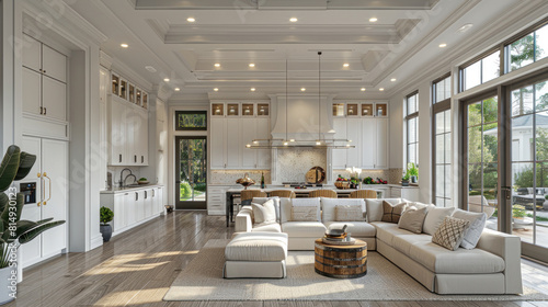 A blend of sophistication and comfort defines this luxury kitchen, with its white interior, wooden floor, and a central kitchen island designed for both aesthetics and practicality.