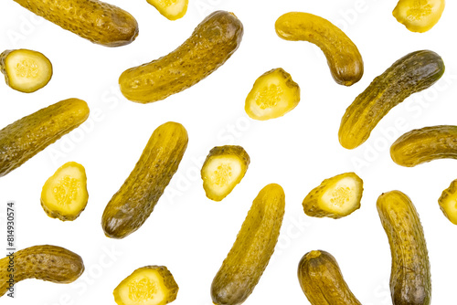 Pattern of pickled cucumbers on white feed from above