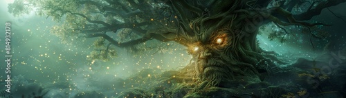 A tree with glowing eyes and a face