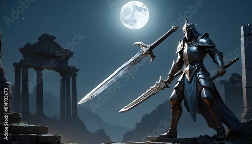 A guardians falchion glinting in the moonlight p