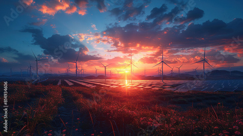 At sunset, wind turbines and solar panels harmonize, harnessing nature's energy for a sustainable future.