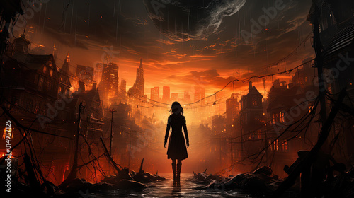 Silhouette in the front of a burning city.