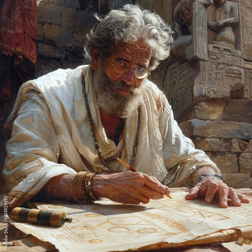 male archeologist studying the development of writing systems in ancient cultures