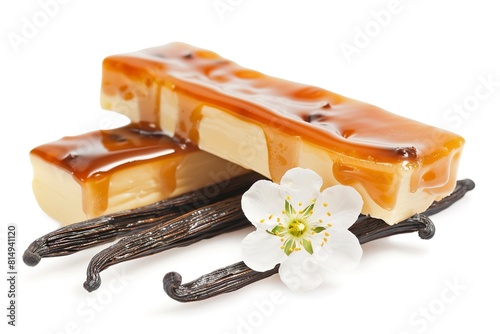 Glazed curd cheese bars vanilla pods and flower