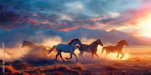 Galloping Horses in Desert with Cloudy Sky and Dust Trail. Concept Horseback Riding, Desert Scenery, Cloudy Sky, Dust Trail, Galloping Horses