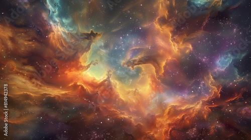 Colorful gas in swirling cosmic dust backdrop