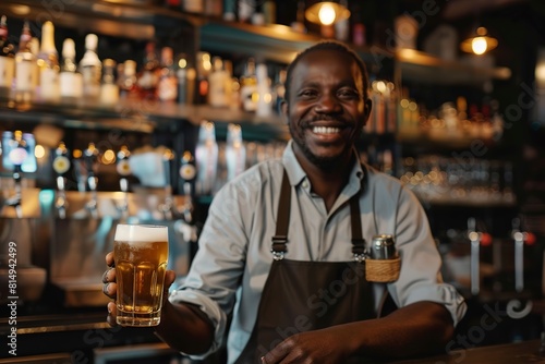 Happy waiter serving beer drinks while working