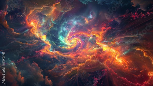 Ethereal cosmic storm swirling neon light amidst dark clouds and bursts backdrop
