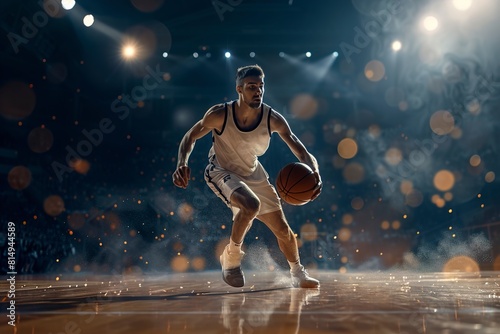 Male basketball player dribbling the ball on basket