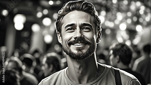 Digital art of a cheerful man smiling in a crowd, rendered in beautiful monochrome tones