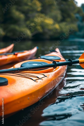 Modern kayaks with paddles on river closeup. Summer