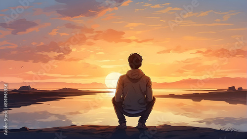Stunning graphic artwork featuring a person sitting still, contemplating life against a vibrant sunset and reflective water