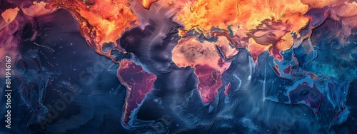 A colorful world map with a blue ocean and a red and yellow sky