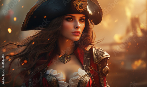 Beautiful pirate woman with burning wooden ship in the background, panoramic view, generated ai 