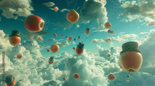 Surreal dreamscape with floating apples and bowler hats backdrop