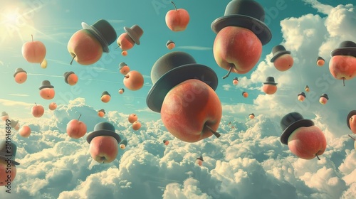 Floating apples and bowler hats in surreal sky backdrop
