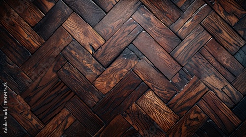 Overhead view of elegant dark wood parquet floor, perfect for luxurious interior design themes,