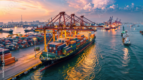 Large cargo ships and cranes in a busy seaport