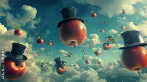 Surreal scene with floating apples and bowler hats whimsical delight backdrop