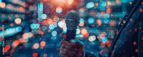 Detail of a microphone held by a person in a sleek suit