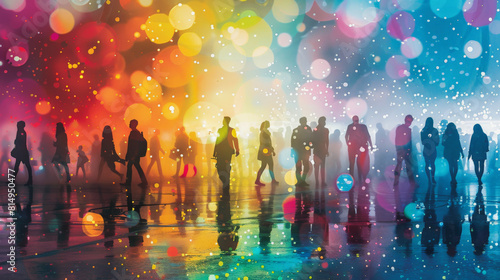 Silhouettes of people walking on a reflective surface with colorful bokeh lights in the background, creating a festive or urban night scene ambiance.