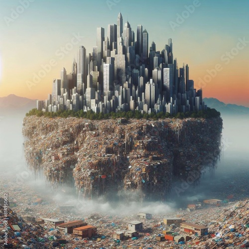 Realistic depiction of a large city drowning in mountains of garbage, an urban landscape. An illustration addressing the themes of ecological issues and urbanization problems.
