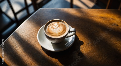 Bird's eye view of a cup of cappuccino with latte art, on a wooden table inside of a coffee shop while sunlight coming through the windows with defocused background