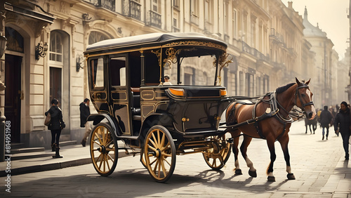 A beautifully rendered image capturing a vintage horse carriage against the backdrop of an old European street scene invoking a feeling of nostalgia