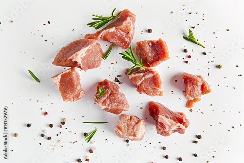 Pieces of raw pork for goulash flying on white background