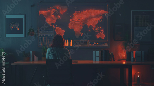 A person sits at a desk in a dimly lit room, facing a world map on the wall, with ambient lighting and a contemplative atmosphere.