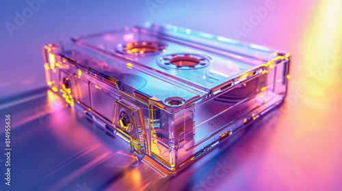 A futuristic, transparent computer case illuminated by purple and pink lighting, showcasing a sleek, modern design with visible internal components and cooling fans.