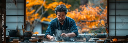 male Japanese carpenter building a traditional Japanese tea house